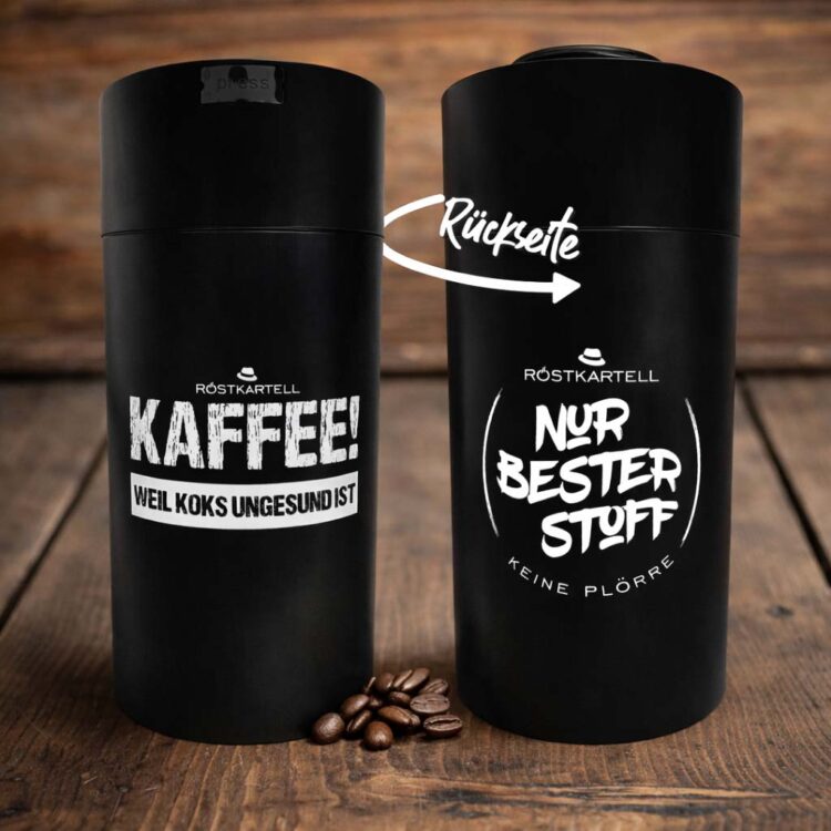 Vakuum-Kaffeedose von zwei Seiten (Vorne und Hinten) mit Kaffeebohnen zur aromadichten und luftfreien Lagerung