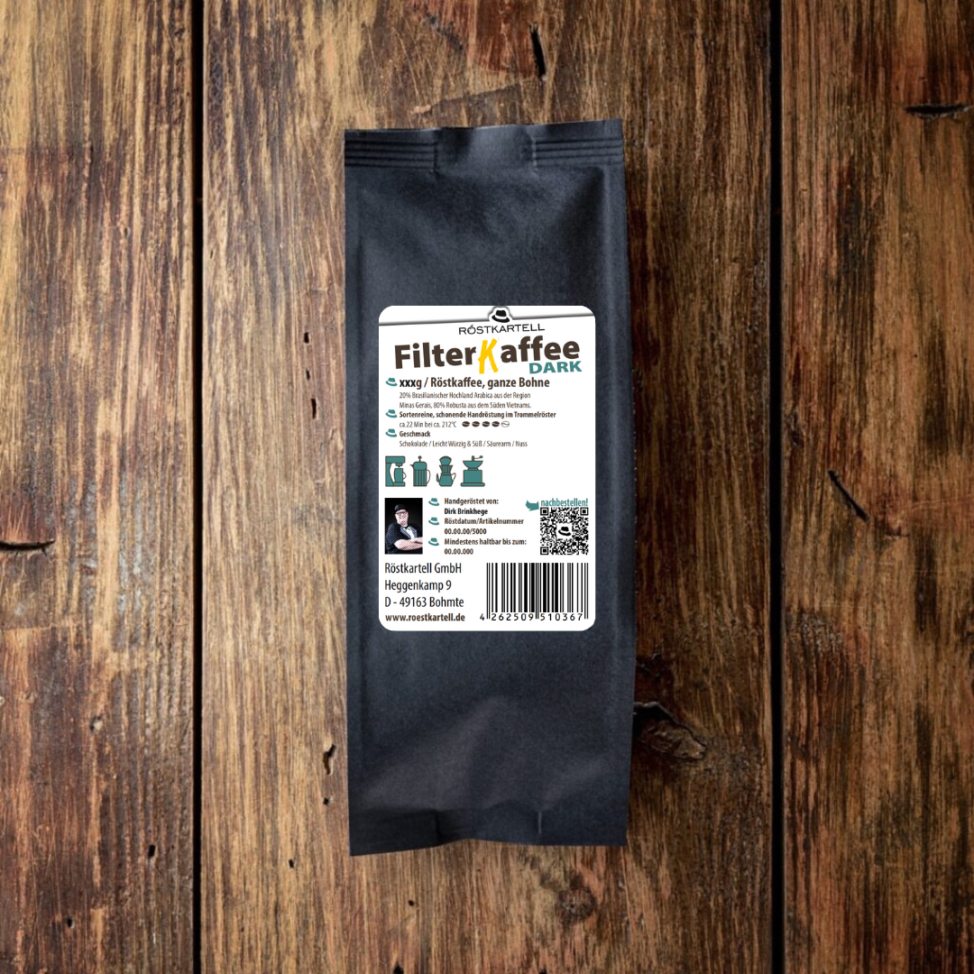 Röstkartell Filterkaffee DARK 2 Deine Kaffeerösterei Rückseite: Ein kräftig, intensiver und dunkel gerösteter Filterkaffee in einer Aromaschutzverpackung