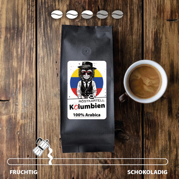 100% Arabica Kaffee aus Kolumbien, mediumröstung mit fruchtigen Aromen in einer Aromaschutzverpackung