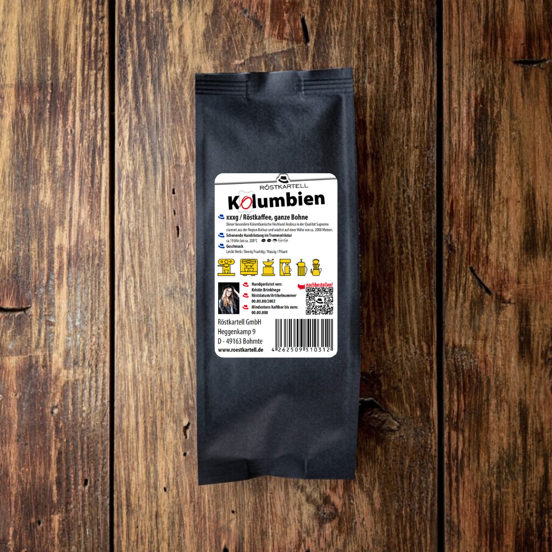 Röstkartell Kolumbien 2 Deine Kaffeerösterei Rückseite: 100% Arabica Kaffee aus Kolumbien in einer Aromaschutzverpackung