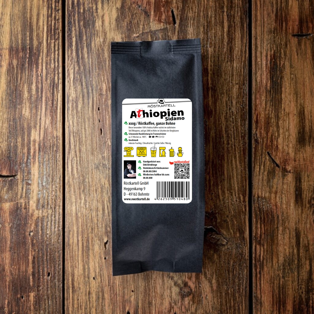 Röstkartell Äthiopien Sidamo 2 Deine Kaffeerösterei Rückseite: 100% Arabica Kaffee aus Äthiopien, Region Sidamo in einer Aromaschutzverpackung