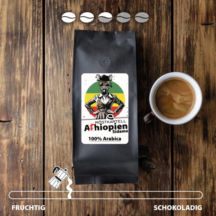 Arabica Kaffee aus Äthiopien, Region Sidamo in einer Aromaschutzverpackung. Helle Röstung, fruchtige Aromen
