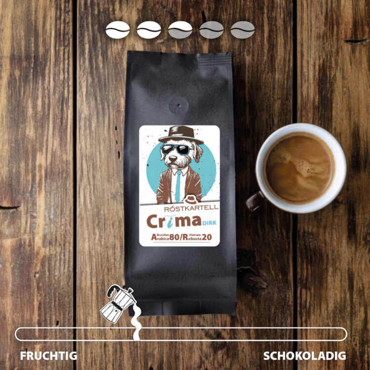 Crema Dirk, Medium geröstet. Ein ausgewogener Kaffeeblend aus 80% Arabica und 20% Robusta