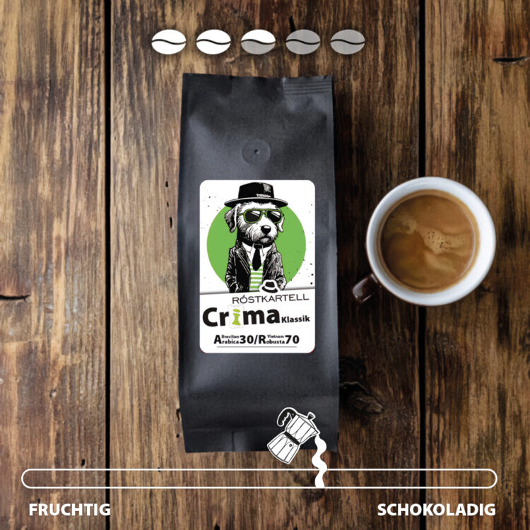 Röstkartell Crema Klassik Kaffee im Aromaschutzbeutel mit mittlerem Röstgrad und goldbrauner Crema. Ein Klassiker für einen tollen Kaffee Crema