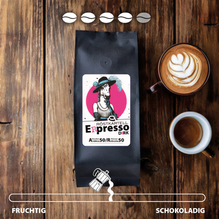 Der Espresso Dirk kombiniert das Beste aus 50% Arabica und 50% Robusta zu einem tollen Espresso