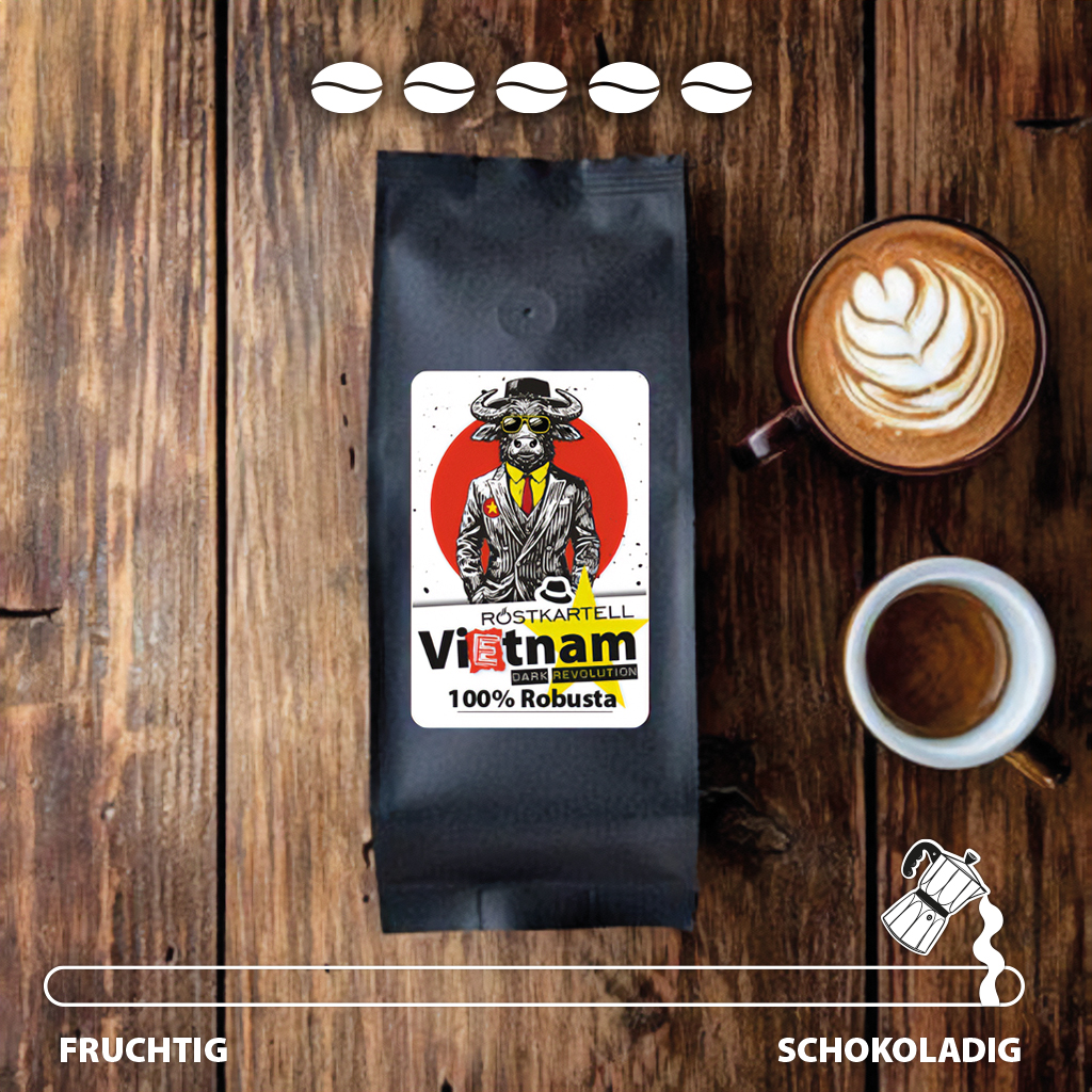 Röstkartell Vietnam Dark Revolution 1 Deine Kaffeerösterei Röstkaffee 100% Robusta aus Vietnam, dunkel geröster für einen schokoladig, nussigen Espresso