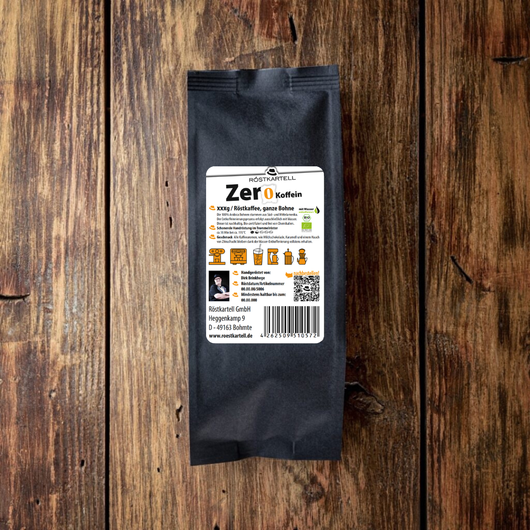 Röstkartell Koffein Zero Crema Bio DE-ÖKO-006 2 Deine Kaffeerösterei Rückseite: Röstkartell Crema Zero wasserentkoffeinierter Kaffee im Aromaschutzbeutel