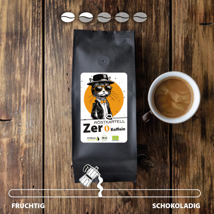 Röstkartell Crema Zero wasserentkoffeinierter Kaffee im Aromaschutzbeutel. Mild und schonend geröstet.