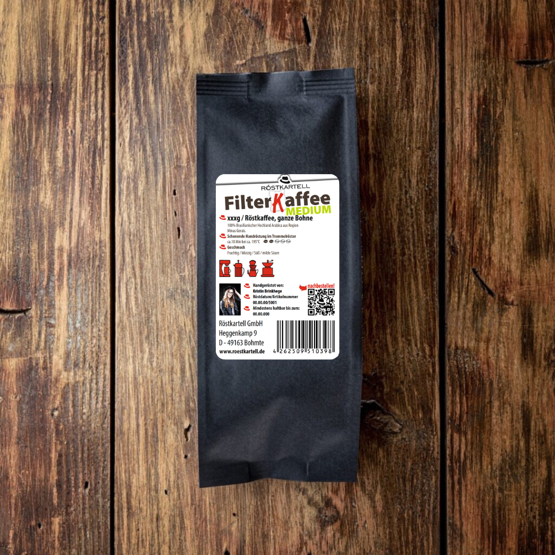 Rückseite: Ein milder Filterkaffee aus Brasilien - 100% Arabica Kaffee. Verpackt in einer Aromaschutzverpackung.