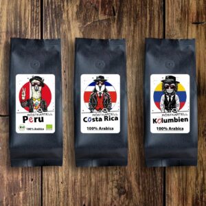 Drei aromatische Kaffeesorten mit fruchtigen Aromen vom Röstkartell in einer Aromaschutzverpackung