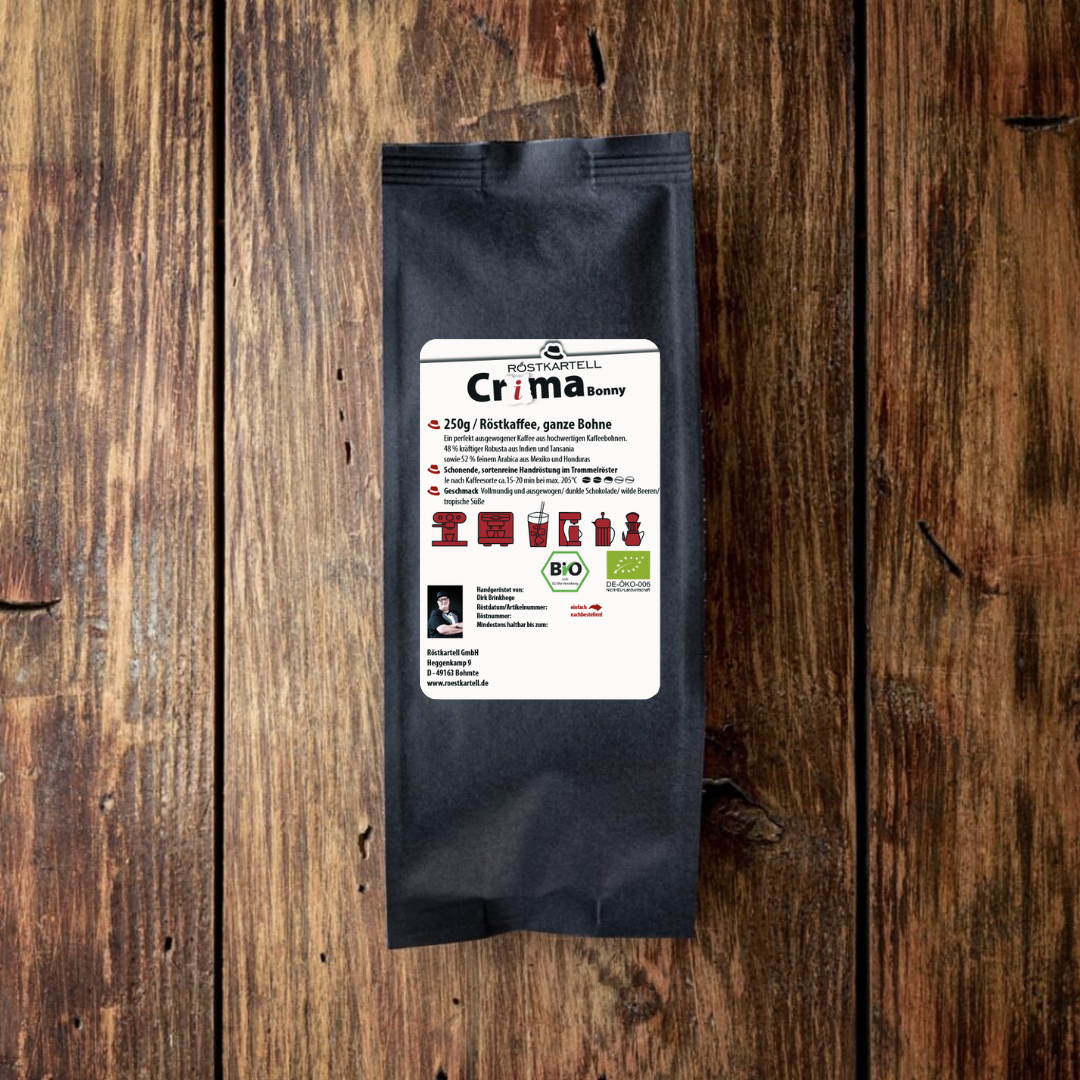 Crema Bonny Bio DE-ÖKO-006 2 Deine Kaffeerösterei Rückseite: Crema Bonny ist ein hochwertiger Kaffeeblend aus drei verschiedenen Kontinenten. Es wird ausschließlich Bio-Kaffee verwendet.