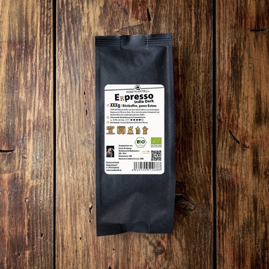 Röstkartell Espresso India Dark Bio DE-ÖKO-006 2 Deine Kaffeerösterei Bio Kaffee aus Indien vom Röstkartell in einer Aromaschutzverpackung - Rückseite